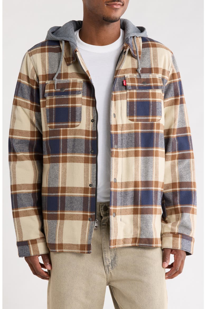 Plaid Faux Shearling Lined Hooded Shirt Jacket, Main, color, BRITISH TAN