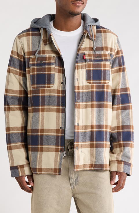 Plaid Faux Shearling Lined Hooded Shirt Jacket