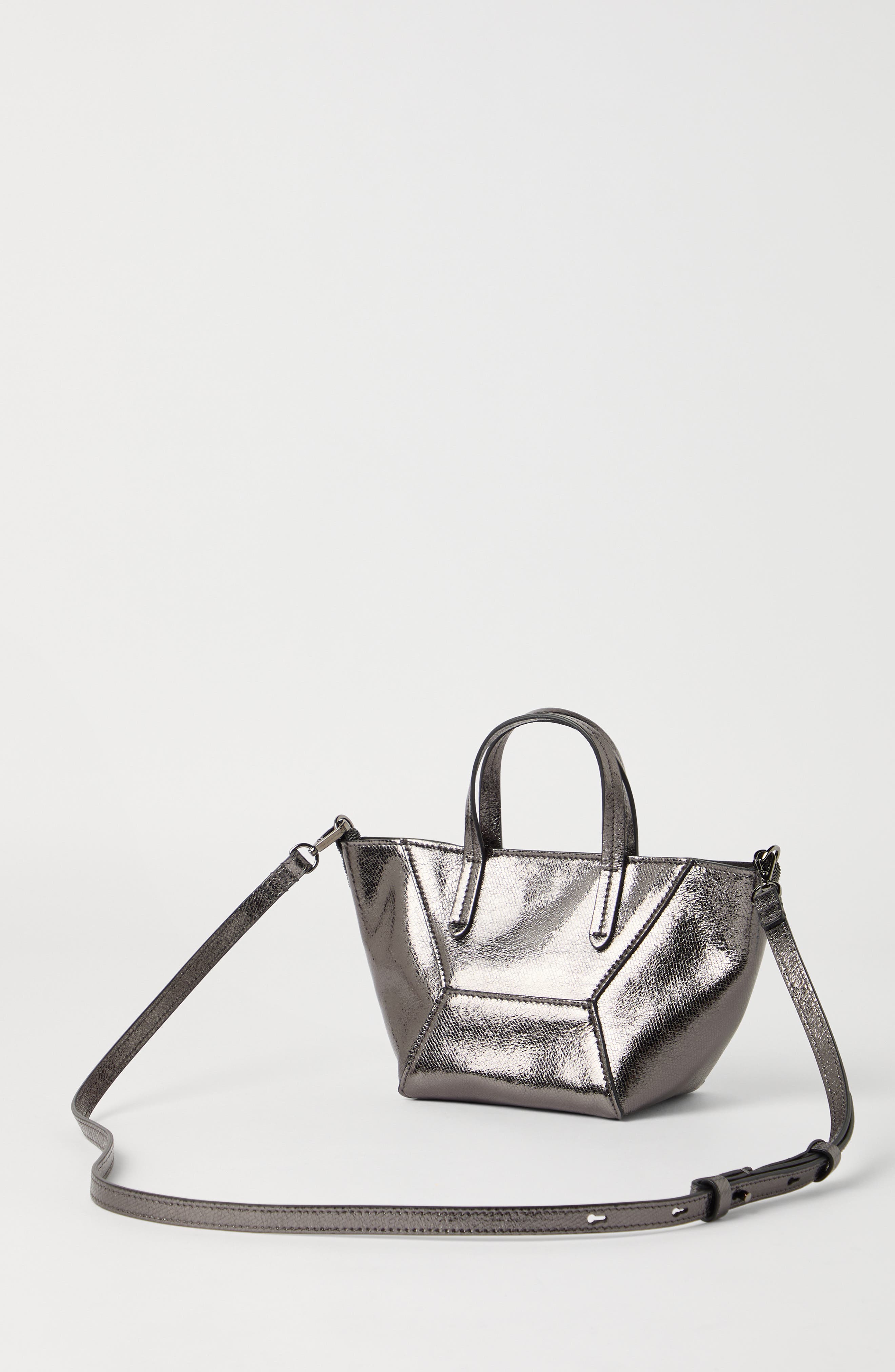 Brunello Cucinelli Lamé calfskin BC Duo mini bag, Alternate, color, Silver