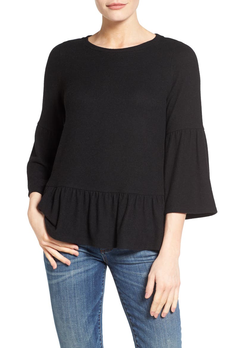 Gibson Cozy Fleece Peplum Top, Main, color, BLACK