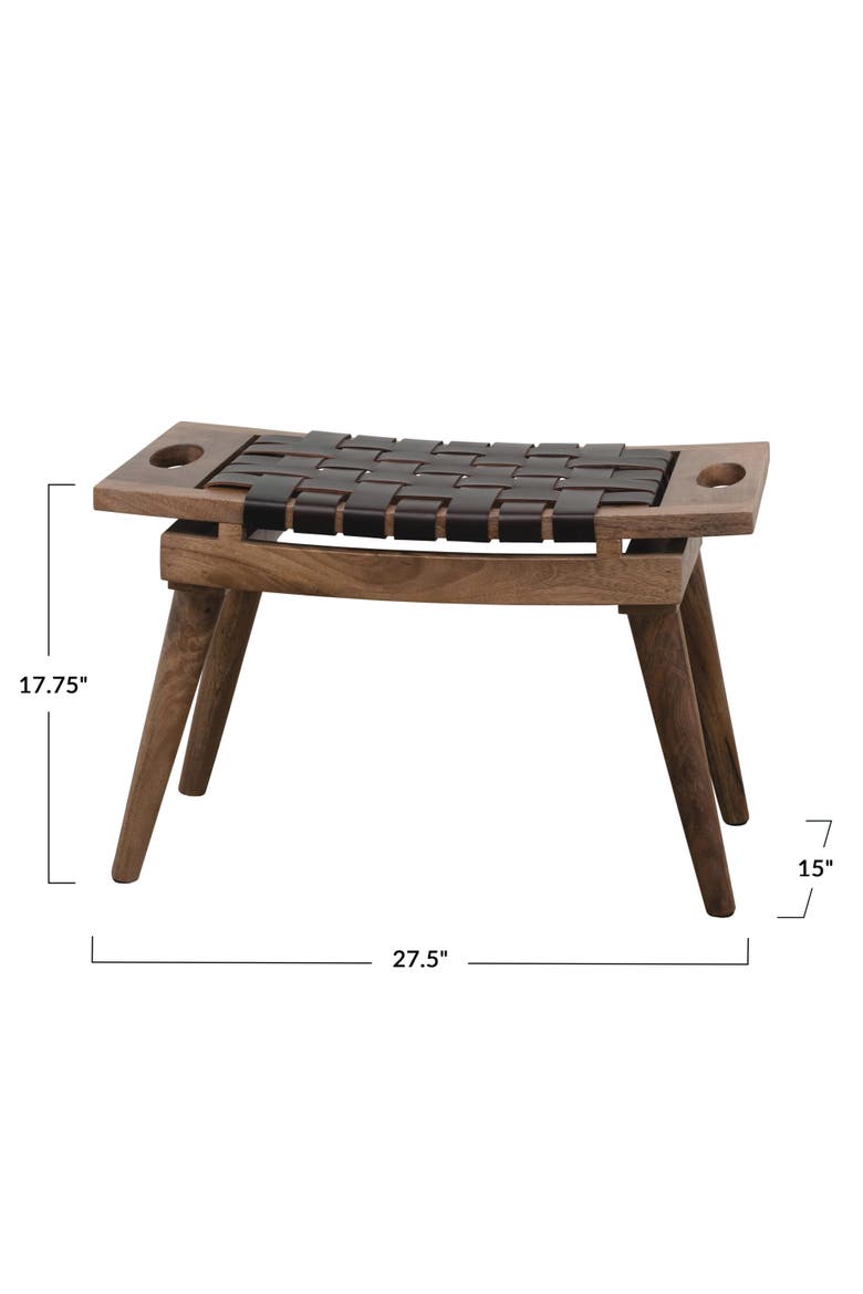 Mango Wood Stool with Woven Leather Top, Black and Natural, Alternate, color, Black