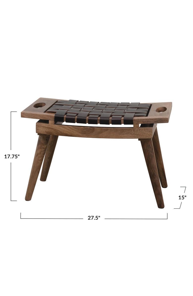 Storied Home Mango Wood Stool with Woven Leather Top, Black and Natural, Alternate, color,