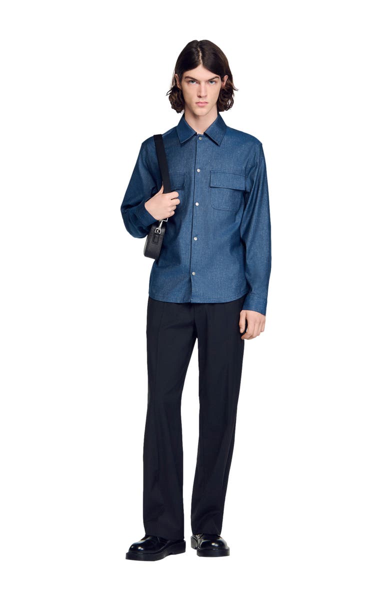 SANDRO Denim-effect cotton and linen shirt, Alternate, color, Blue Vintage - Denim