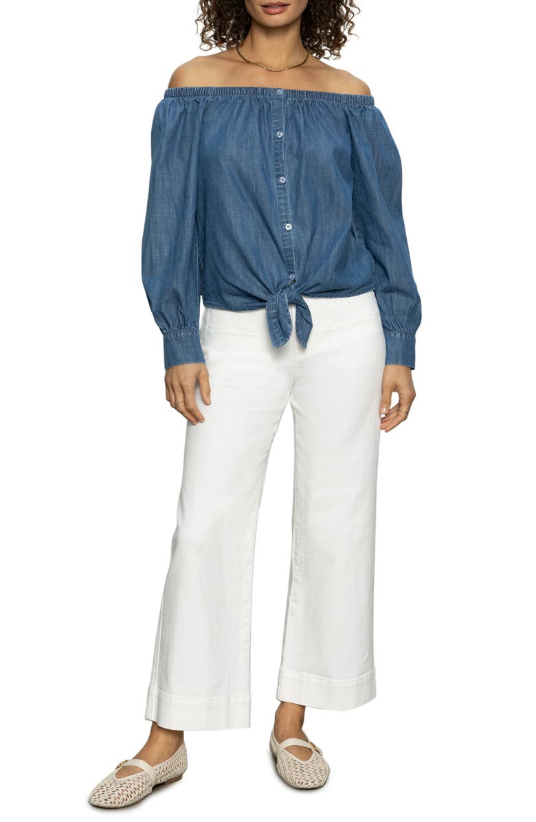 Sanctuary Off the Shoulder Ballet Tie Long Sleeve Shirt, Alternate, color, Blue Slate