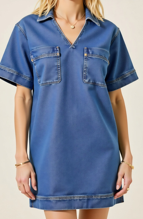 Modenaire Denim Mini Shirt Dress With Short Sleeves And Chest Patch Pockets In Blue