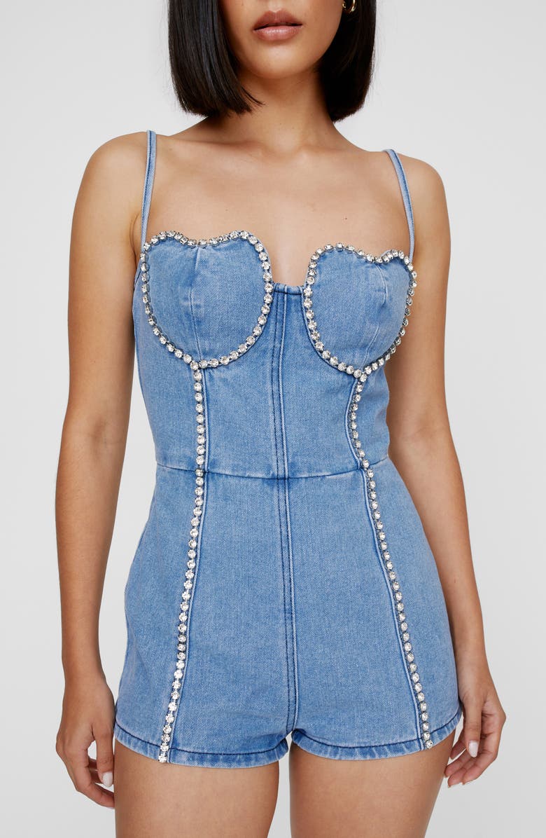 NASTY GAL Heart Embellished Bustier Denim Romper, Alternate, color, 