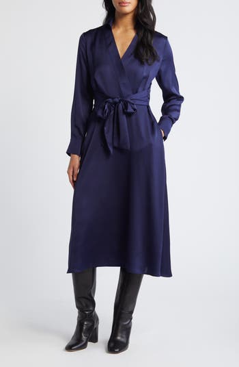 Long Sleeve Hammered Satin Wrap Front Shirtdress