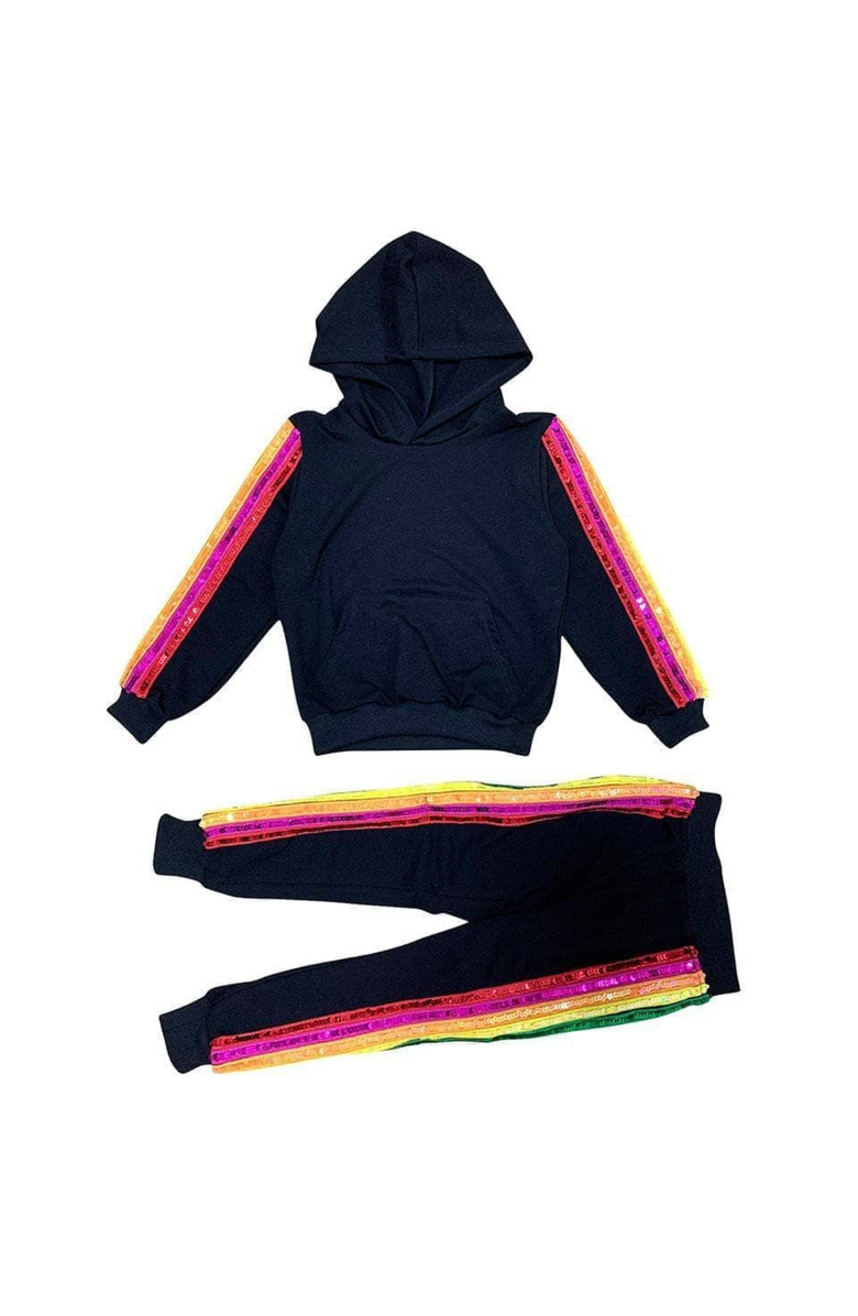 Lola + The Boys Sequin Rainbow Hoodie Track Set, Main, color, Black