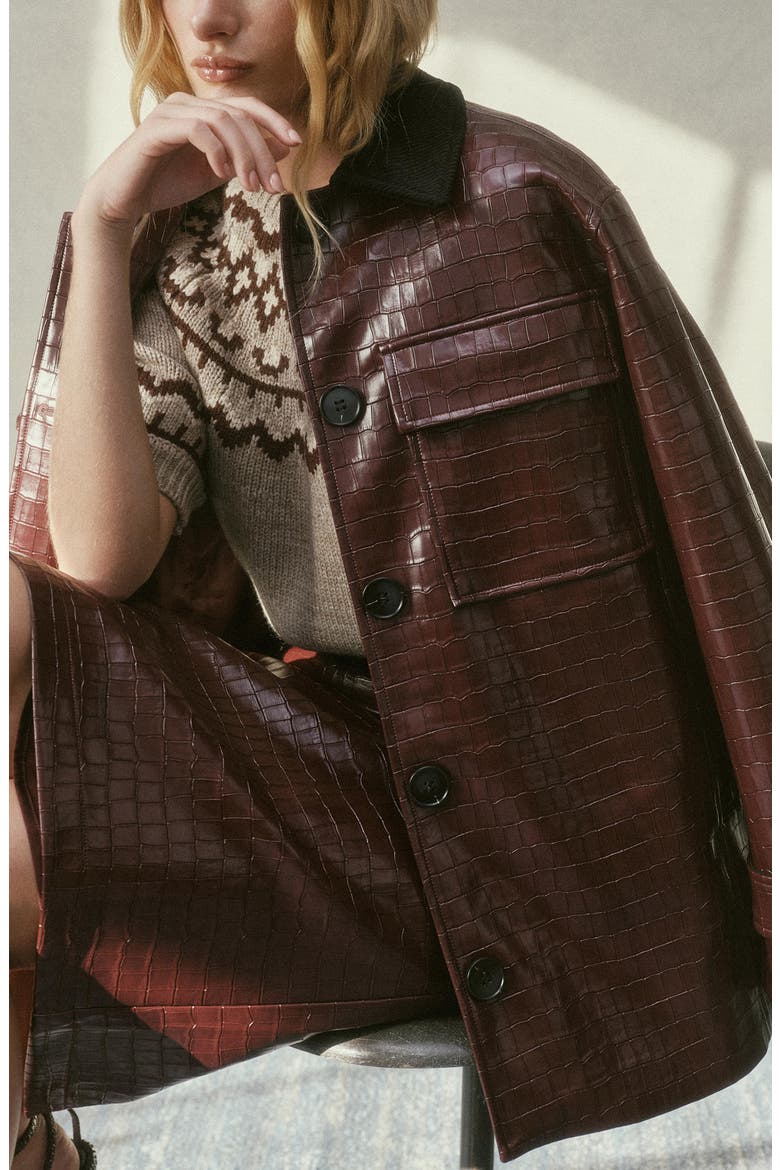 Millie Croc Embossed Faux Leather Coat, Alternate, color, WINE BLACK