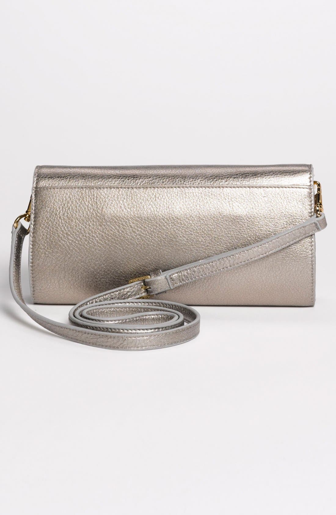 'Thea Bombe' Metallic Leather Clutch, Alternate, color, GUNMETAL