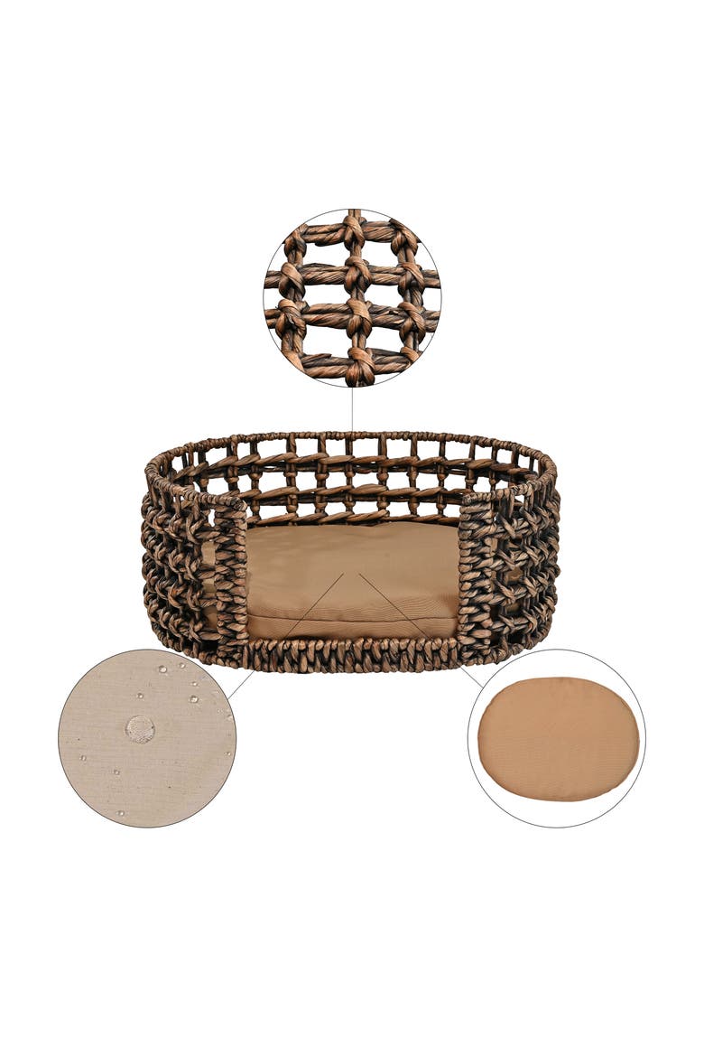Gigi 24" x 18" Modern Handwoven Hyacinth Open-Weave Oval Pet Bed, Machine-Washable Cushion, Alternate, color, Brown