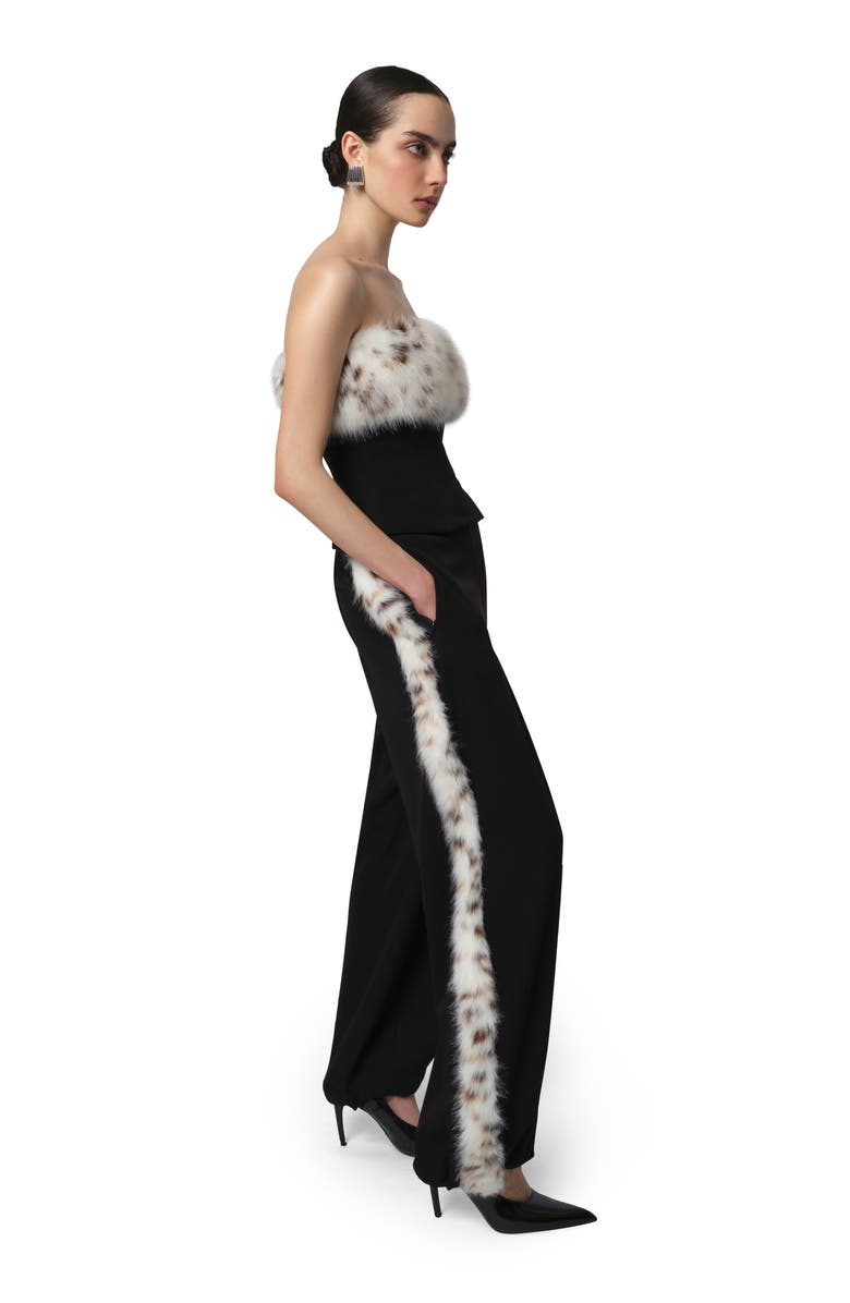 Apparis Ivy Stretch Crepe Corset Top with Faux Fur Trim, Alternate, color, Noir / Blanc Multi