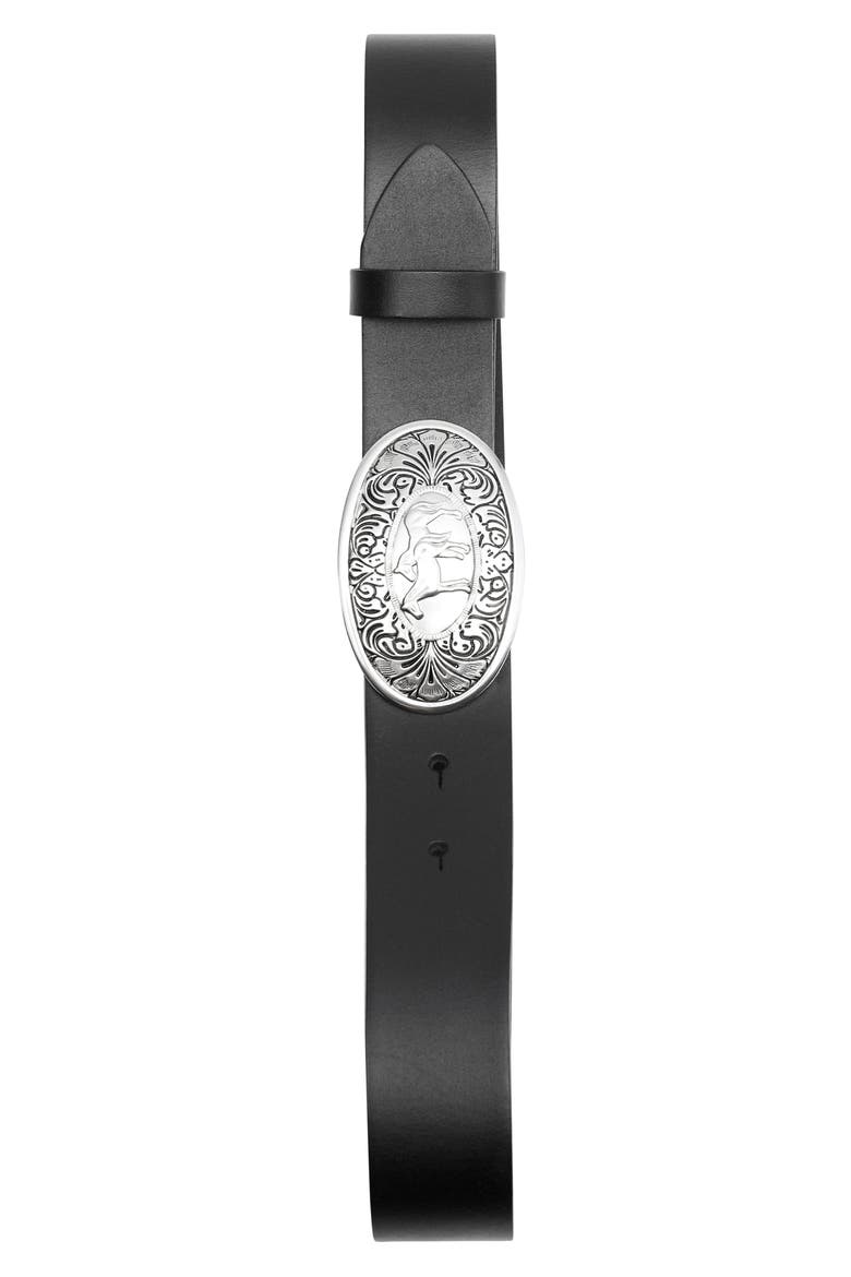 Engraved Buckle Leather Belt, Alternate, color, BLACK
