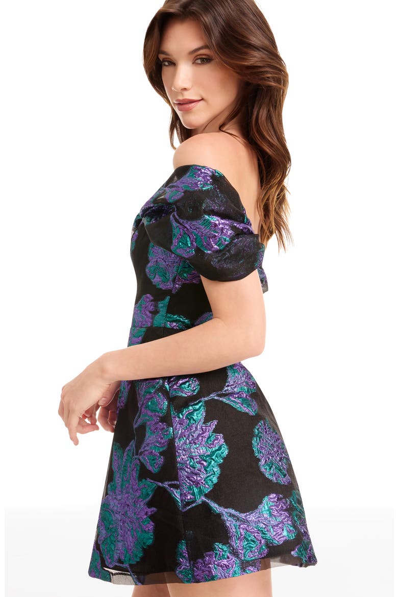 Olive Floral Jacquard Off the Shoulder Cocktail Minidress, Alternate, color, TURQUOISE MULTI