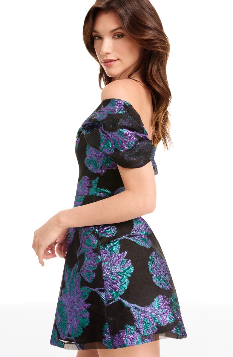 Dress the Population Olive Floral Jacquard Off the Shoulder Cocktail Minidress, Alternate, color, Turquoise Multi