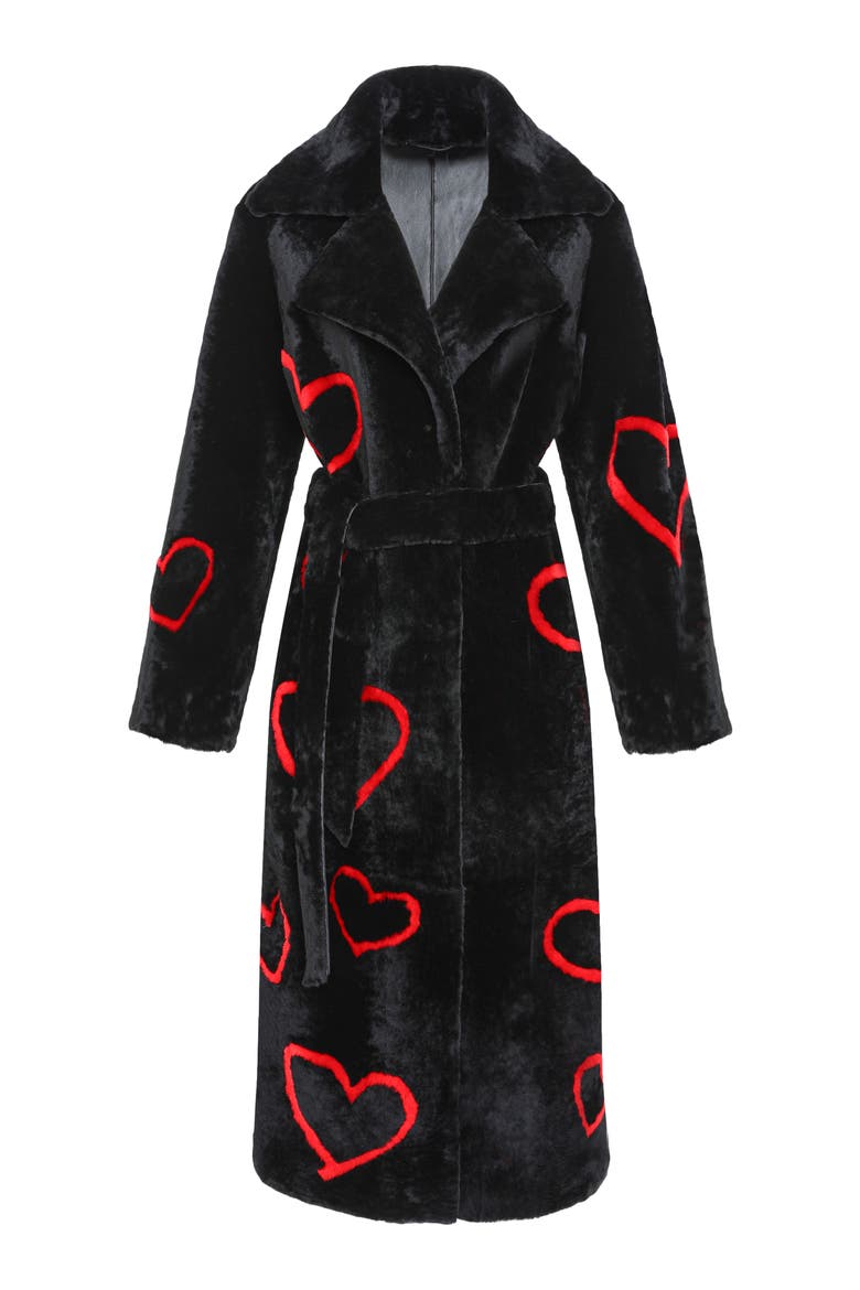Reversible Genuine Shearling Coat with Heart Intarsia, Belt, Alternate, color, Black/Red