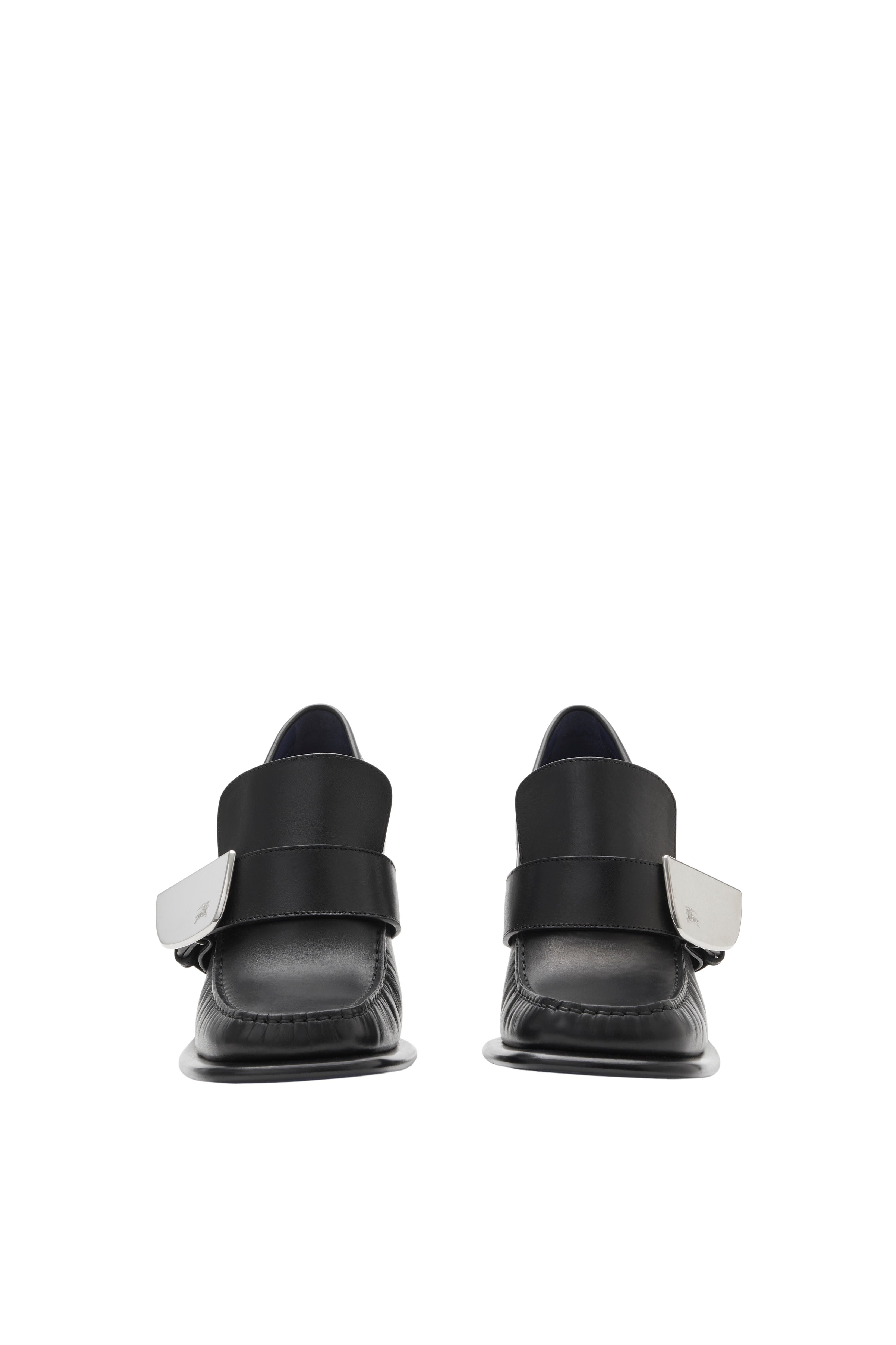 Burberry Leather London Shield High Heeled Loafers, Alternate, color, Black