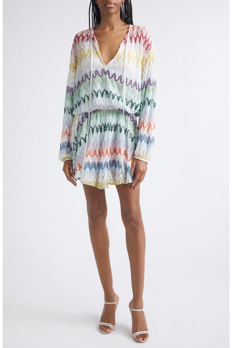 Metallic Long Sleeve Zigzag Lace Minidress, Main, color, MULTICOLOR ON WHITE BASE