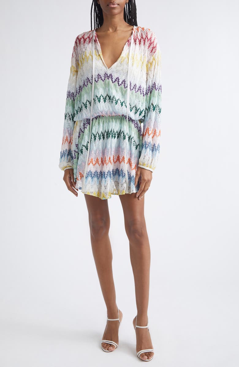 Missoni Metallic Long Sleeve Zigzag Lace Minidress, Main, color, Multicolor On White Base