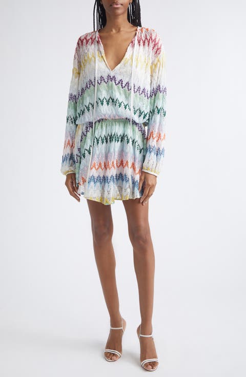 Metallic Long Sleeve Zigzag Lace Minidress