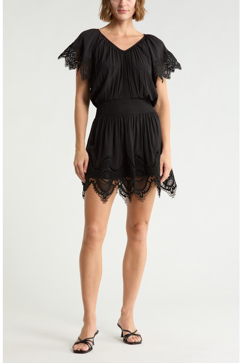 Arielle Lace Trim Short Sleeve Dress, Main, color, BLACK