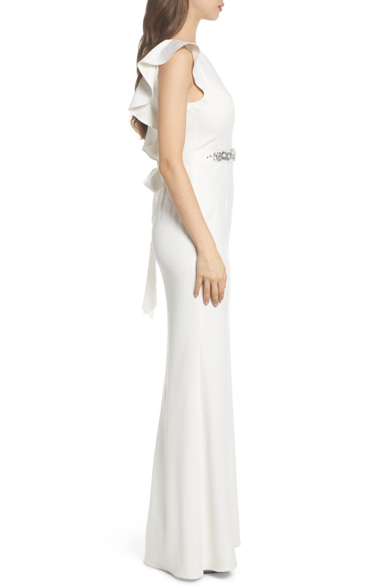 Ruffle Back Belted Gown, Alternate, color, IVORY