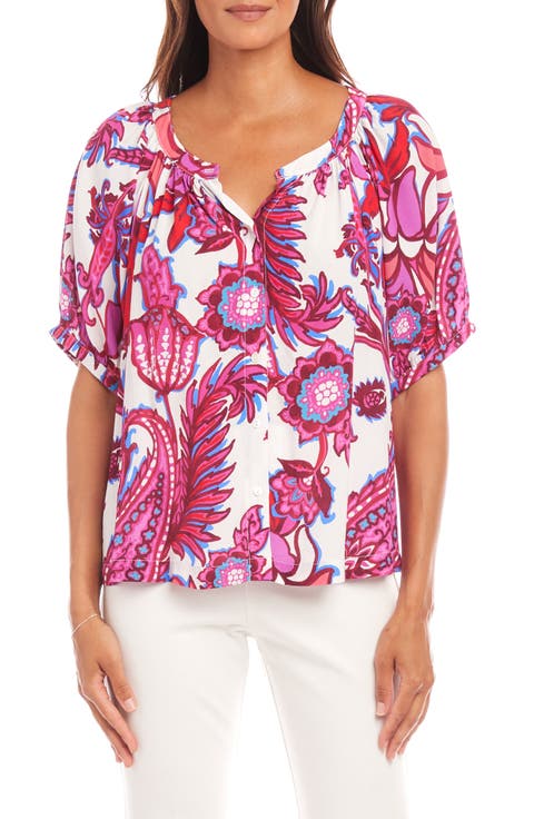 Floral Button-Up Peasant Top (Petite)