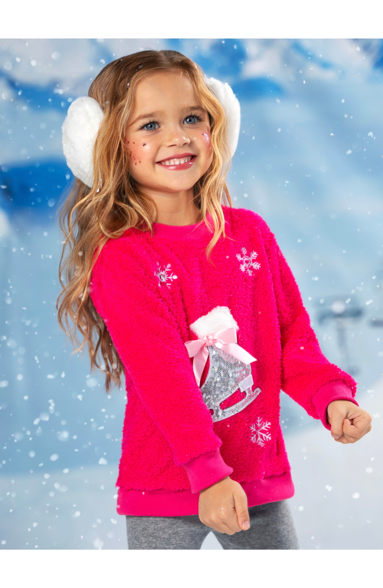 Mia Belle Girls Twinkle Sequin Ice Skate Fuzzy Sweater, Alternate, color, Pink