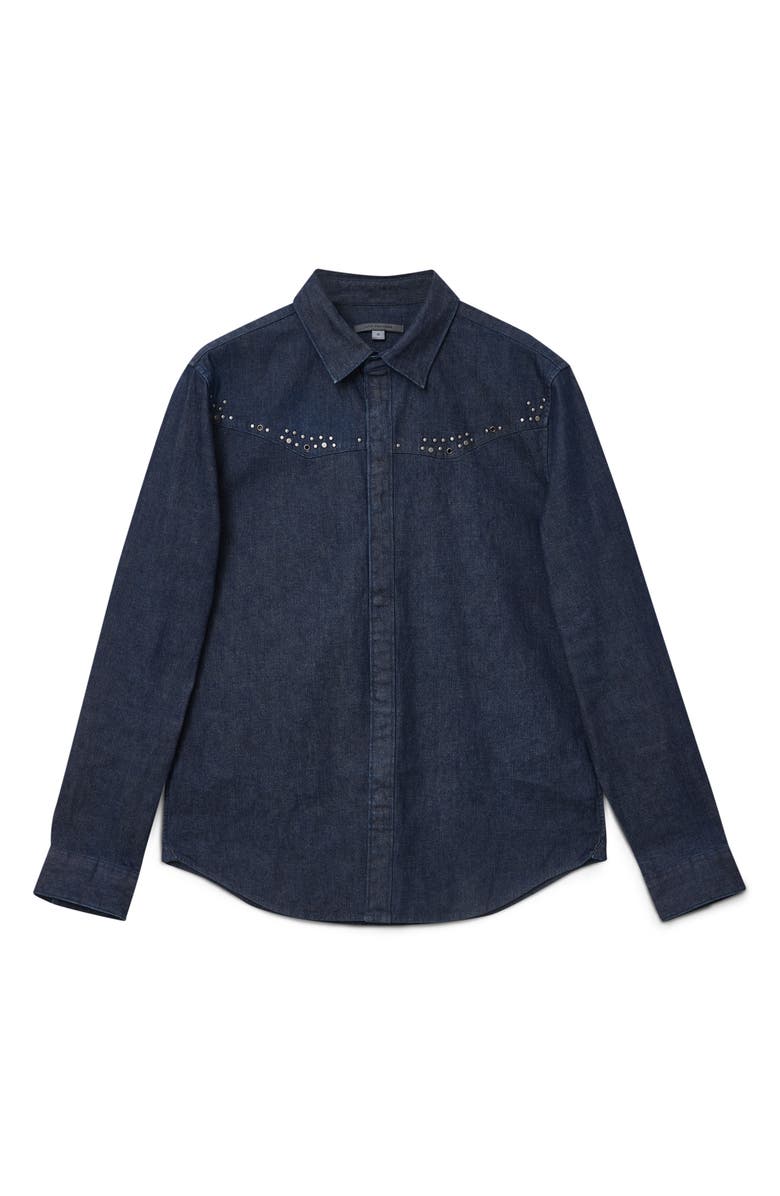 John Varvatos Studded Western Denim Snap-Up Shirt, Alternate, color, Lake Blue