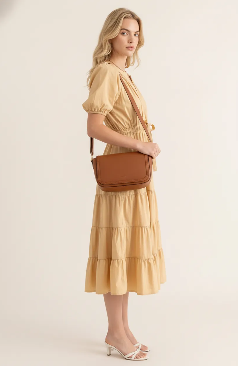 Modenaire Tiered Puff Sleeve Tie Waist Midi Dress, Alternate, color, Sand