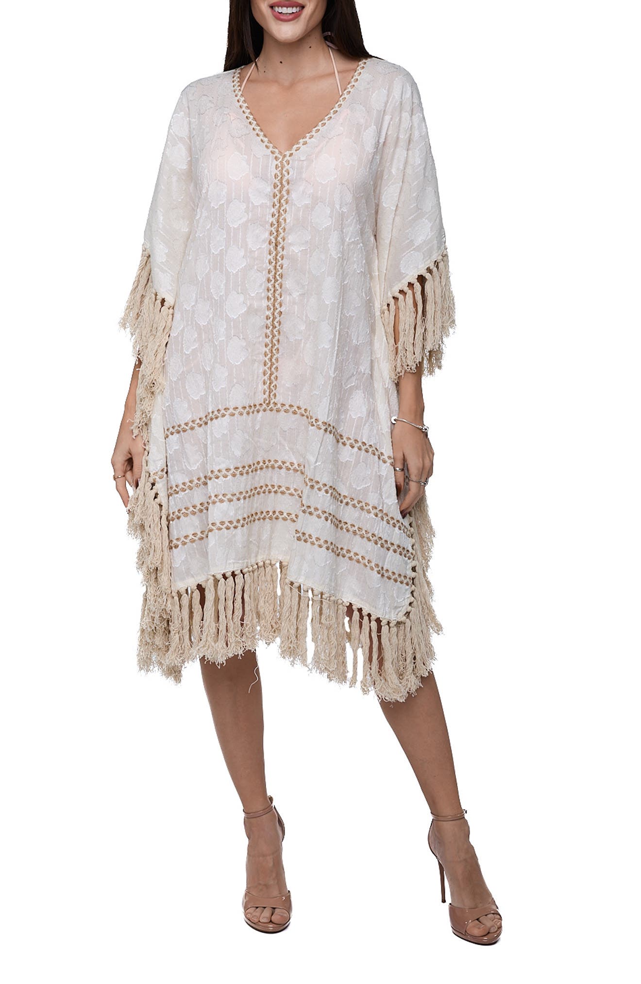 RANEES Tassel Trim Floral Jacquard Cotton Caftan