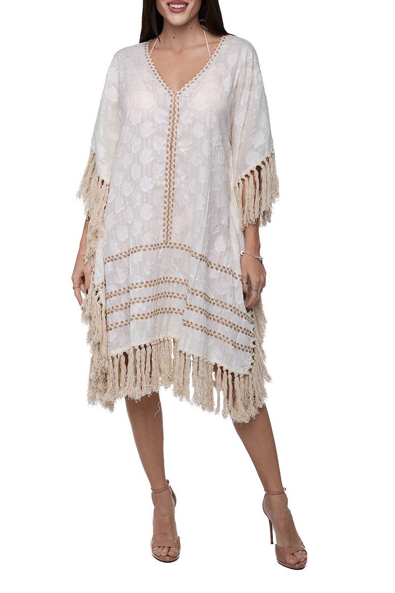Tassel Trim Floral Jacquard Cotton Caftan, Main, color, IVORY