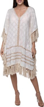 RANEES Tassel Trim Floral Jacquard Cotton Caftan
