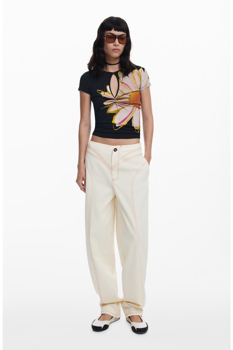 Floral Keyhole Rib T-Shirt, Alternate, color, BLACK