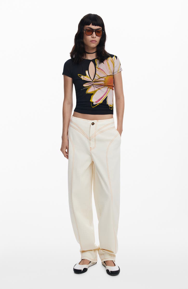 Desigual Floral Keyhole Rib T-Shirt, Alternate, color, Black