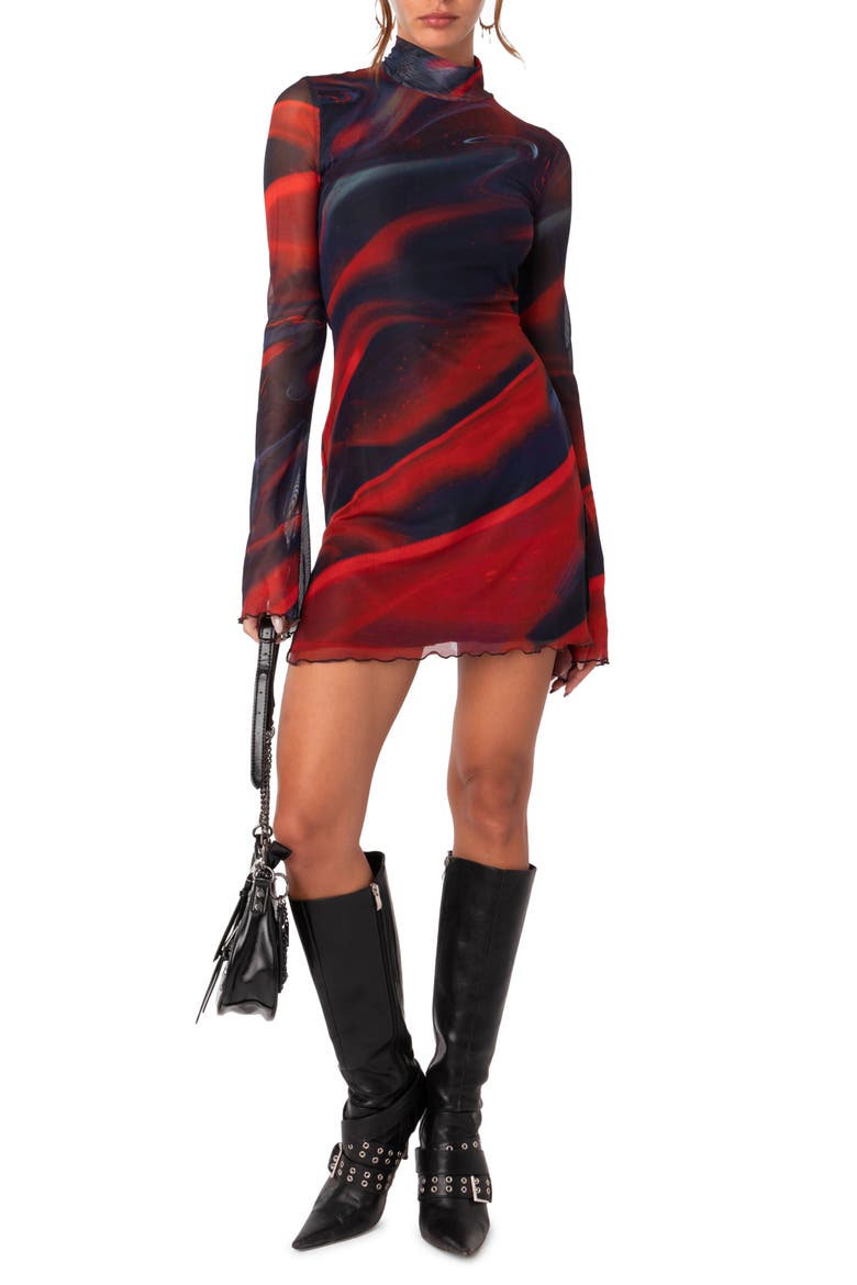 Sparks Fly Mock Neck Long Sleeve Mesh Minidress, Main, color, MIX