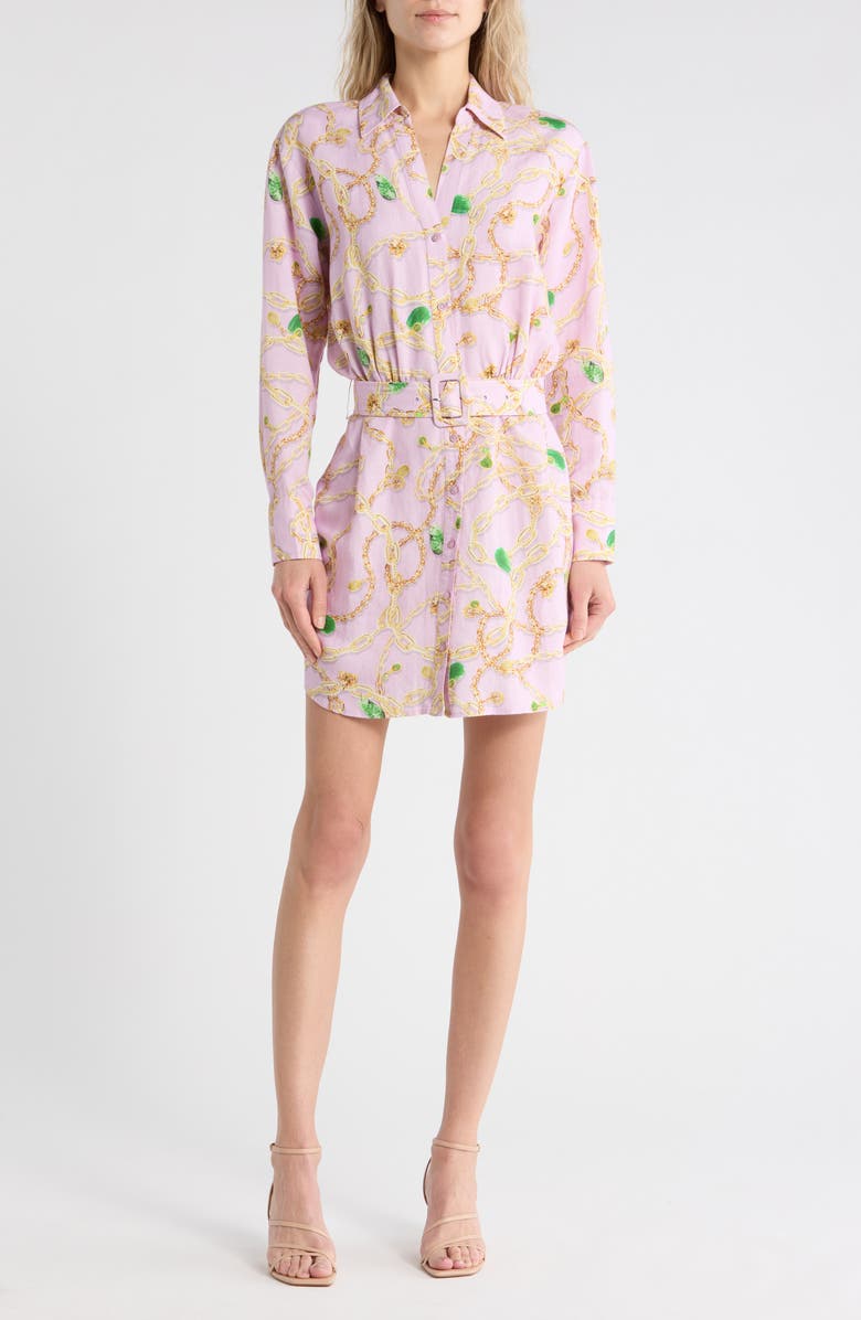 L'AGENCE Demie Linen Blend Mini Shirtdress, Main, color, Pale Orchid Multi Jade Chain