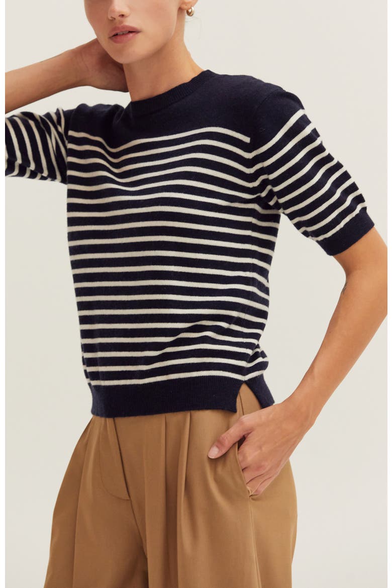 Stripe Short Sleeve Sweater Top, Alternate, color, Navy/Ivory