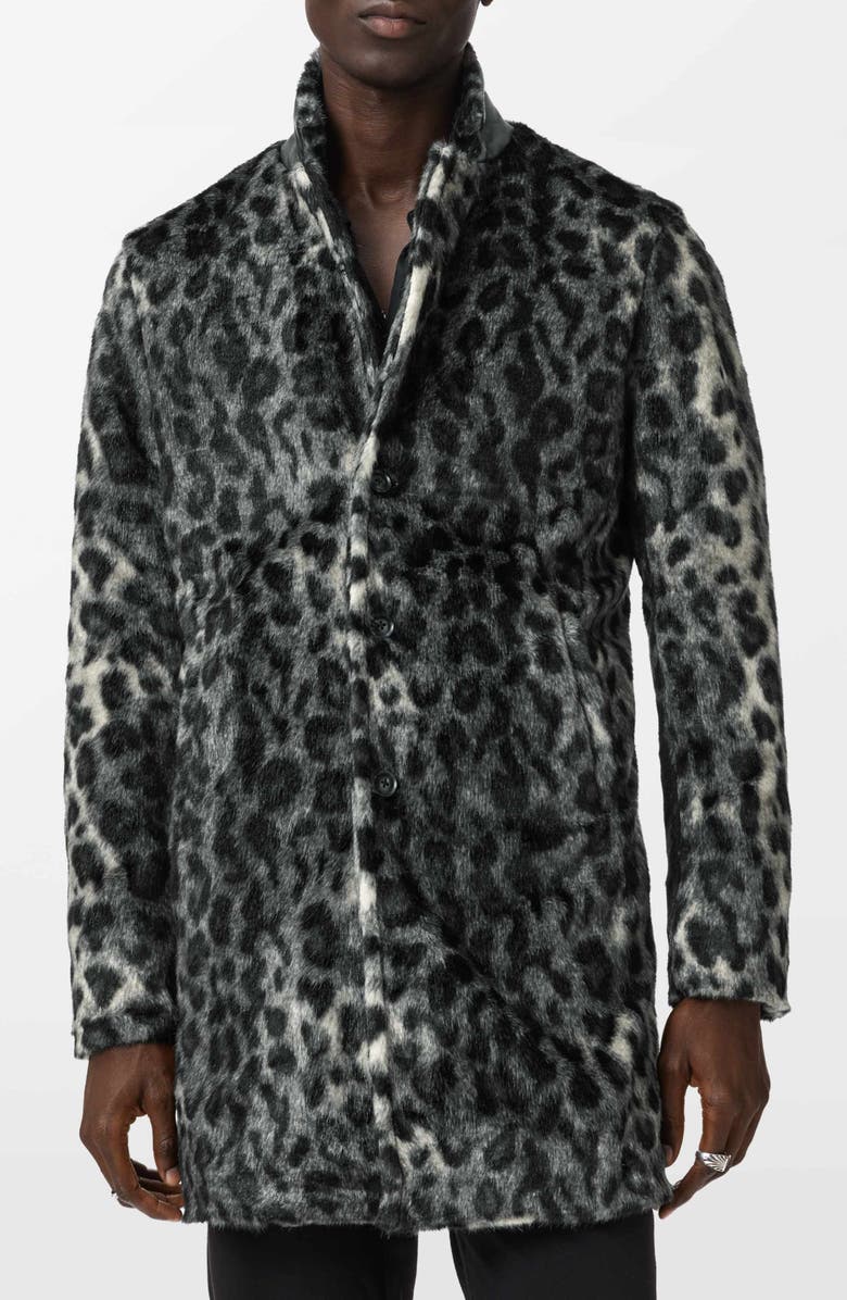 John Varvatos Templeton Leopard Print Faux Fur Topcoat, Main, color, Deep Charcoal
