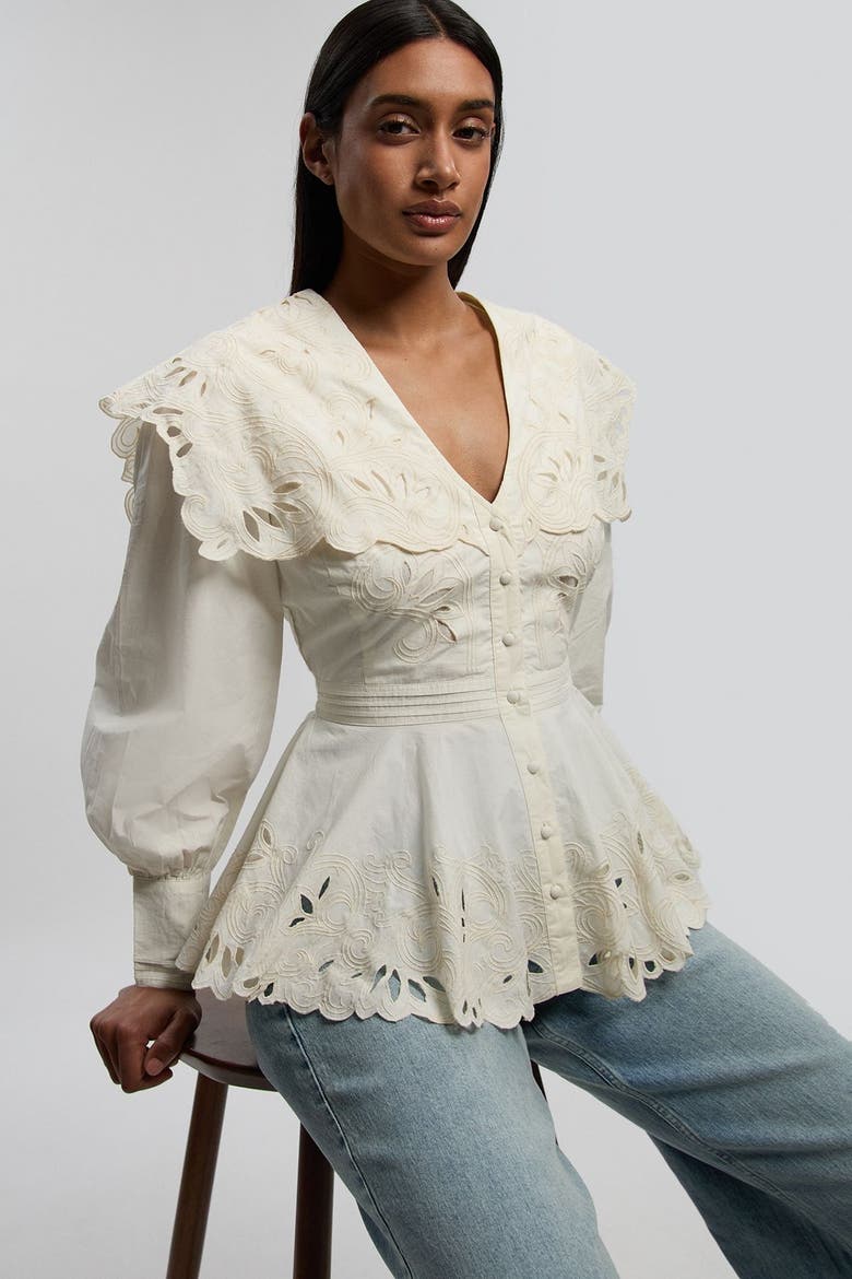 Cutwork Detail V-Neck Peplum Blouse, Alternate, color, Ivory