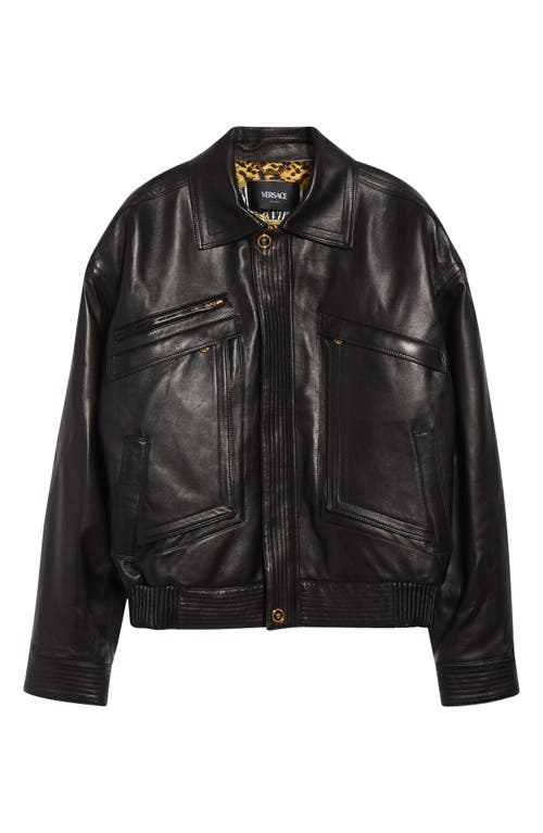 Versace Long Sleeve Leather Jacket In Black