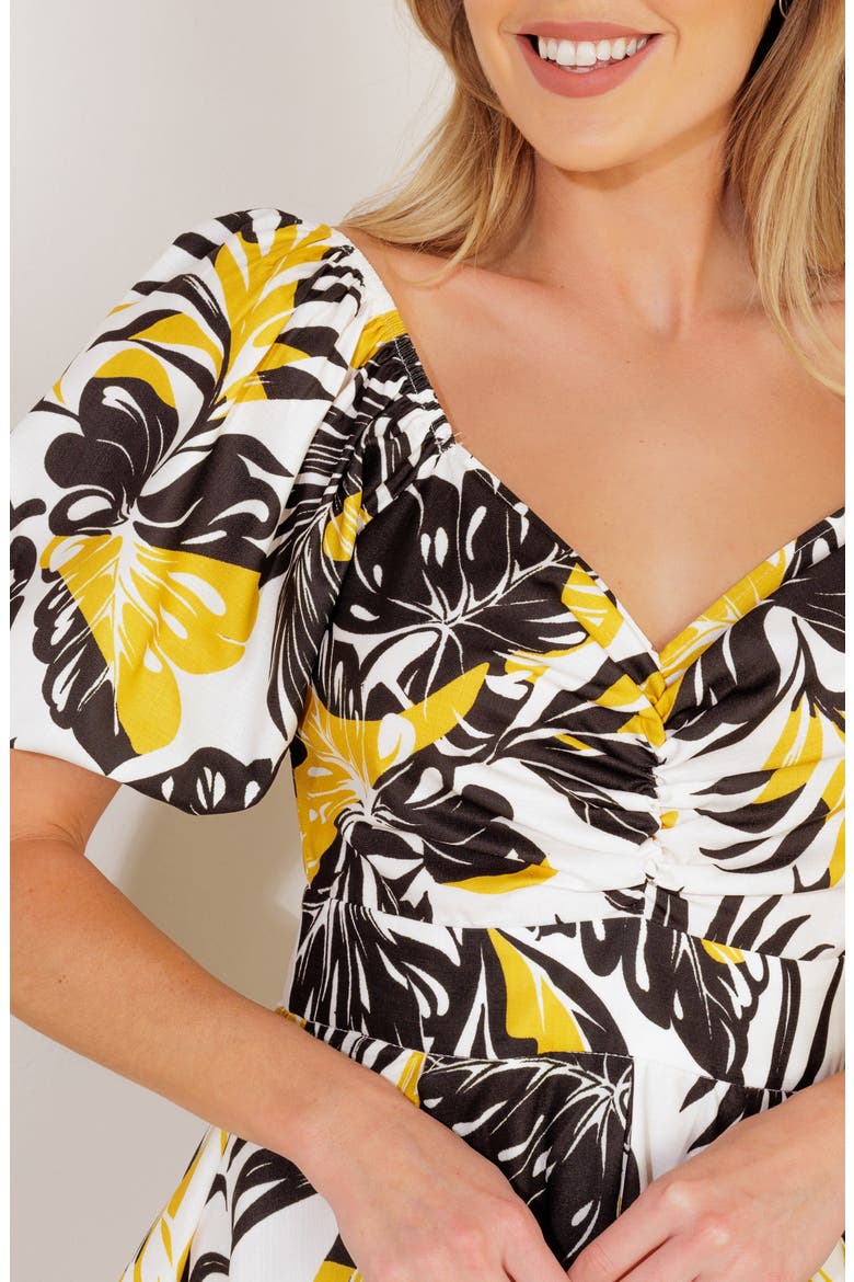 Leaf Print Puff Sleeve Fit & Flare Dress, Alternate, color, IVORY BLACK