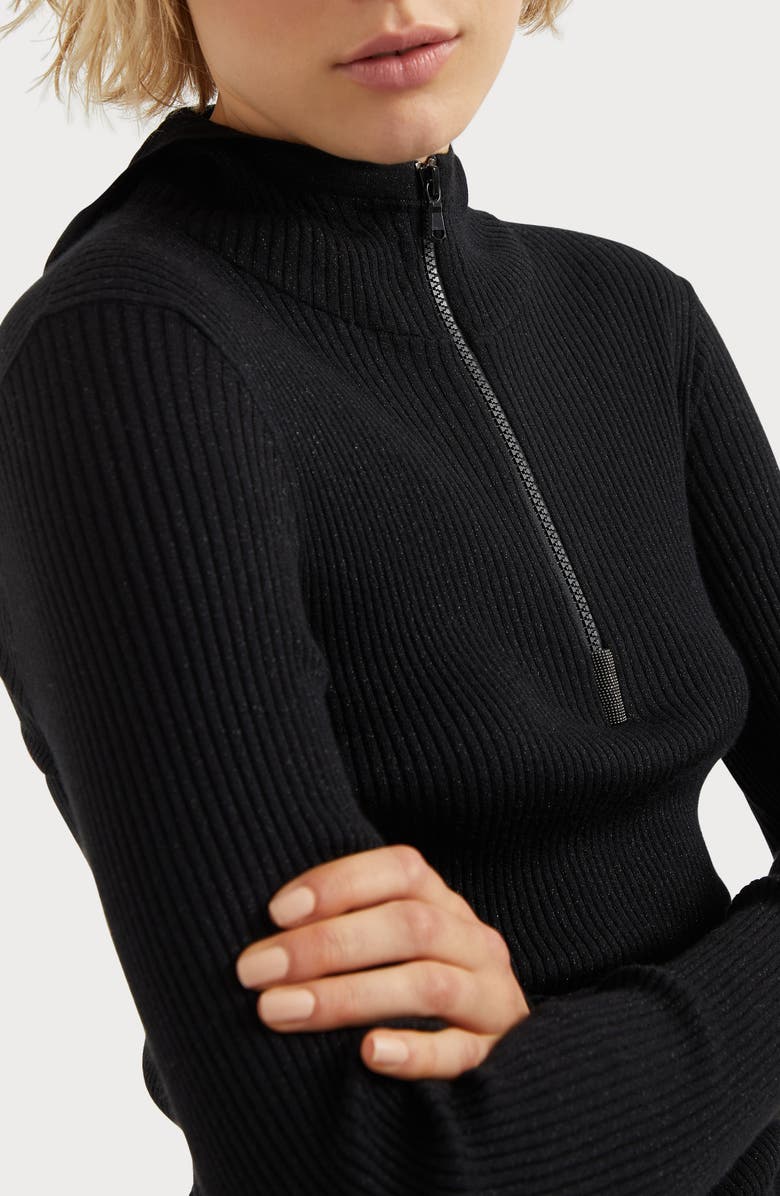 Brunello Cucinelli Sparkling cashmere and silk lightweight rib knit hooded sweater with shiny detail, Alternate, color, 