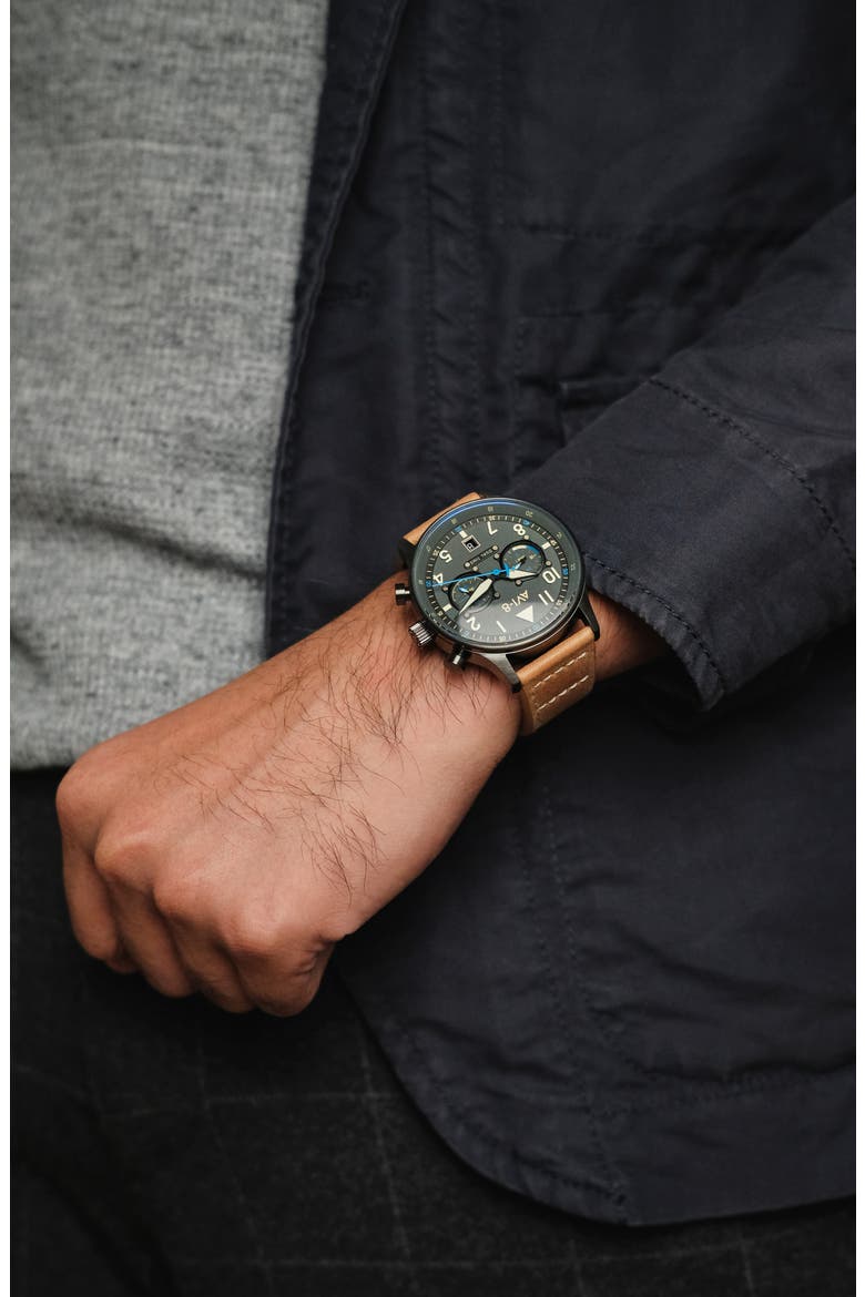 Hawker Hurricane Carey Chronograph Leather Strap Watch, 44mm, Alternate, color, GREY