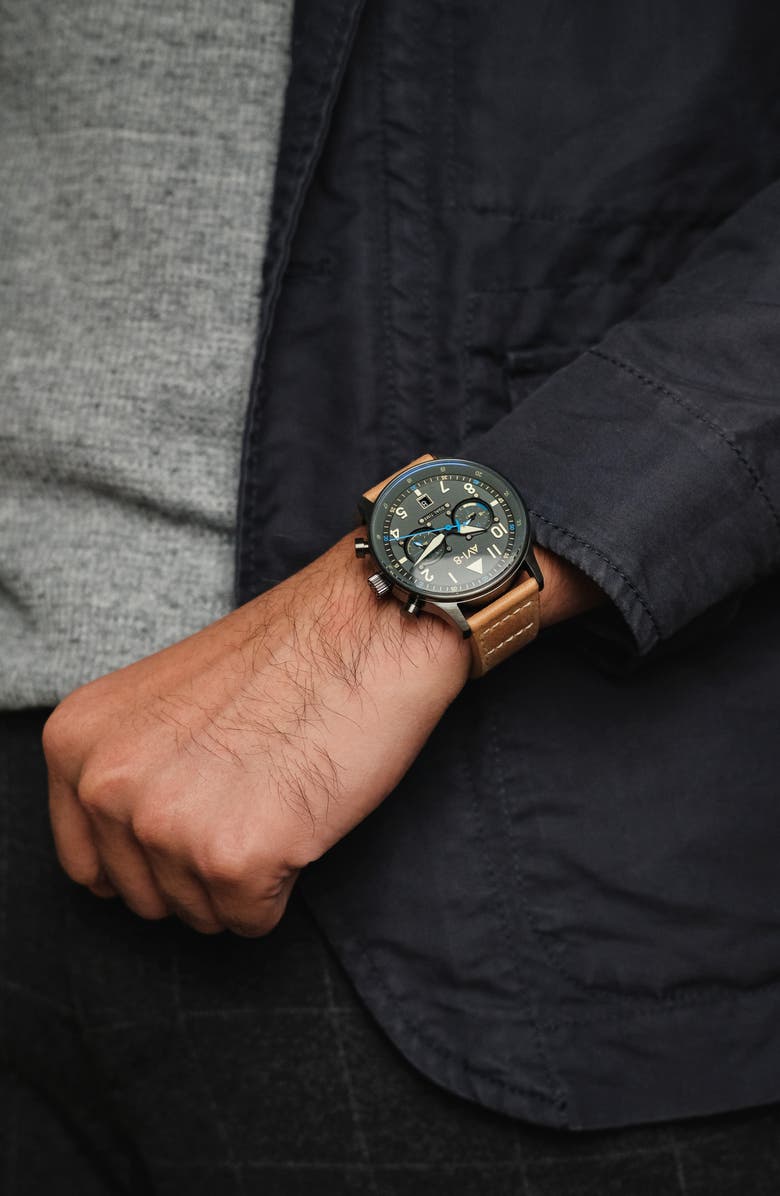AVI-8 Hawker Hurricane Carey Chronograph Leather Strap Watch, 44mm, Alternate, color, Grey