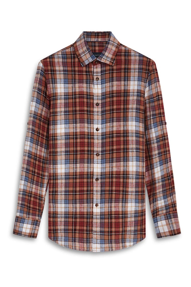 Plaid Linen Button-Up Shirt, Alternate, color, CARAMEL