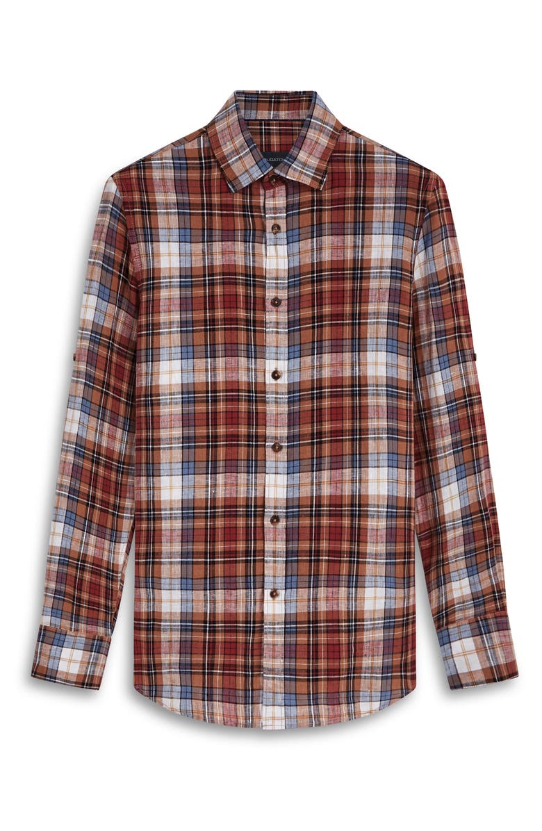Bugatchi Plaid Linen Button-Up Shirt, Alternate, color,