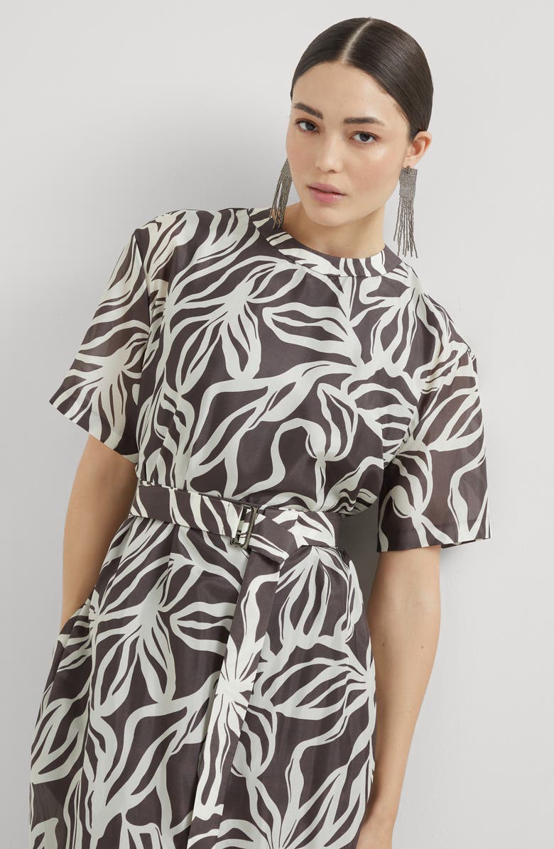 Brunello Cucinelli Floral print dress with monili, Alternate, color, Brown