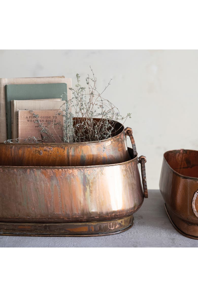 3-Piece Oval Metal Planters with Ring Handles, Alternate, color, Copper