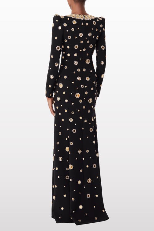 Jenny Packham Frency Mirror-embellished Puff-shoulders Maxi Dress In Black